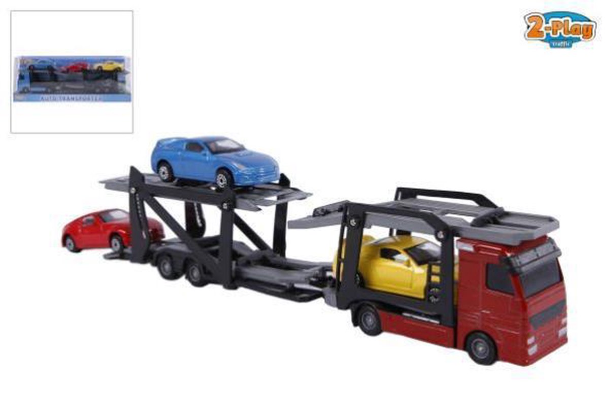 2-Play 2 Play autotransporter diecast met 3 auto&apos;s 26 cm multicolor