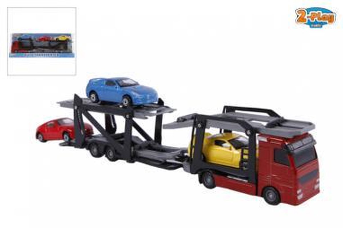 2-Play 2 Play autotransporter diecast met 3 auto&apos;s 26 cm multicolor
