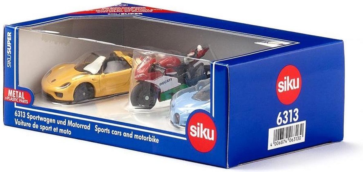 Siku giftset sportwagens en motor 17 cm staal 3 delig (6313) - Blauw
