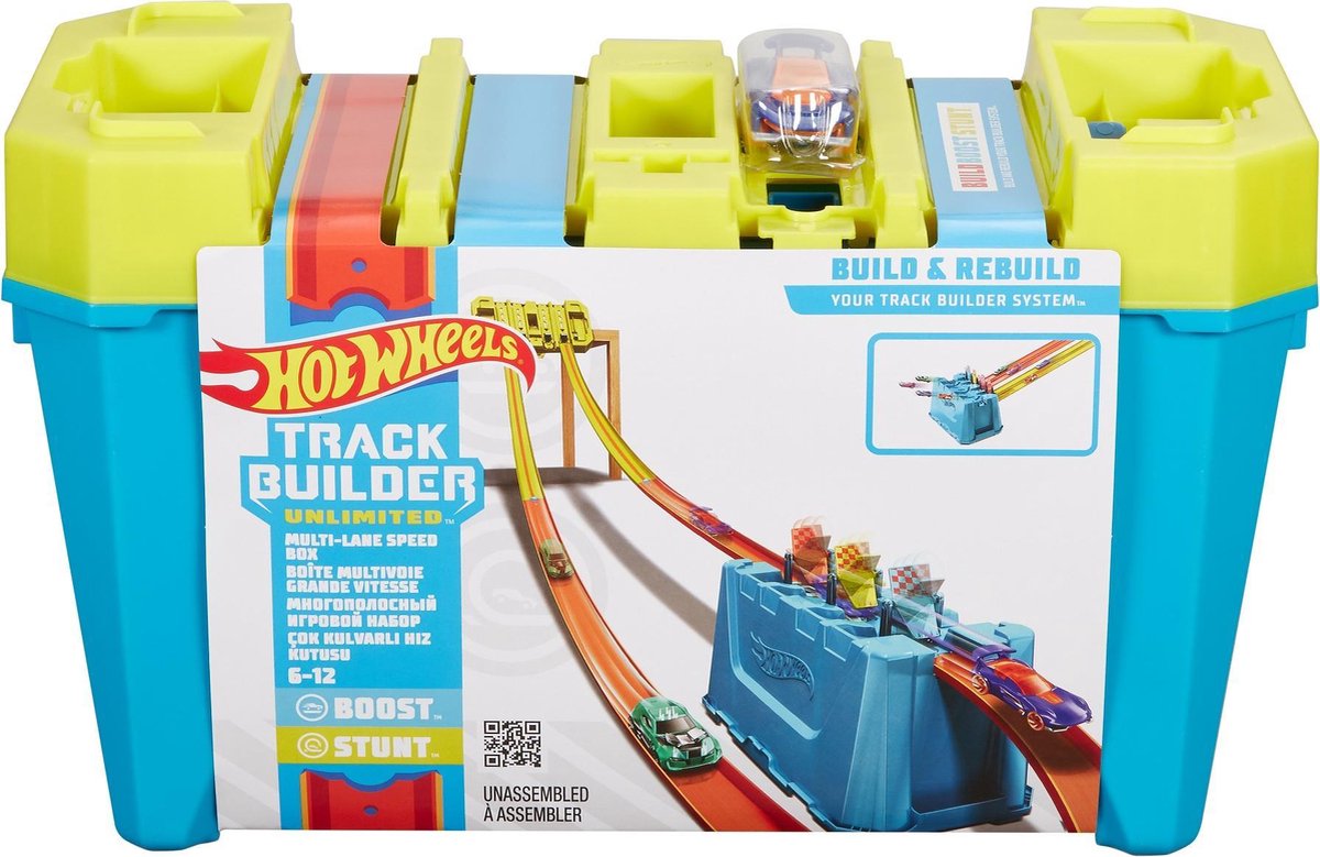 Hot Wheels track builder box jongens 36 cm geel/blauw 19 delig