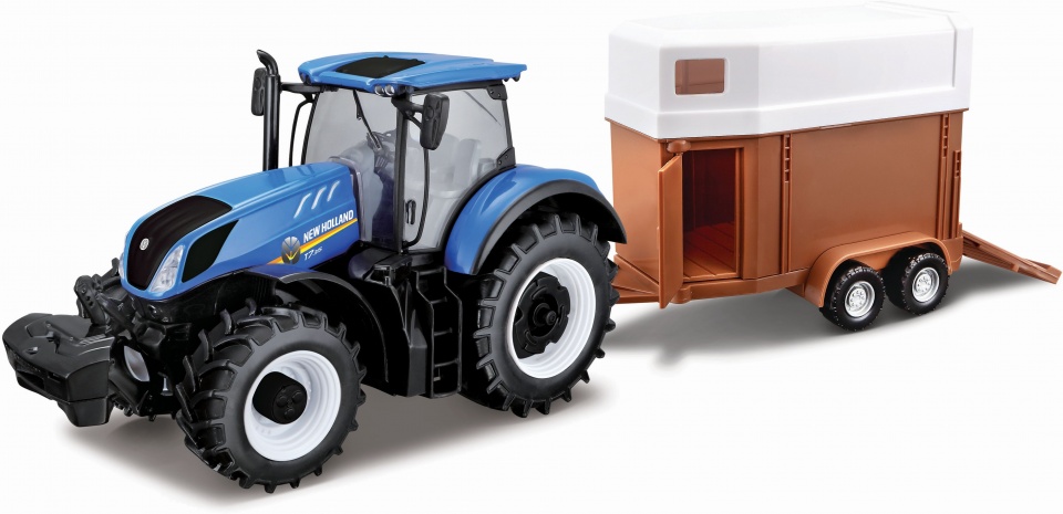 Bburago miniatuur New Holland tractor en paardentrailer - Blauw