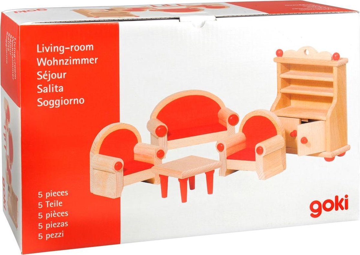 Goki Houten Poppenhuis Woonkamer 5 Delig