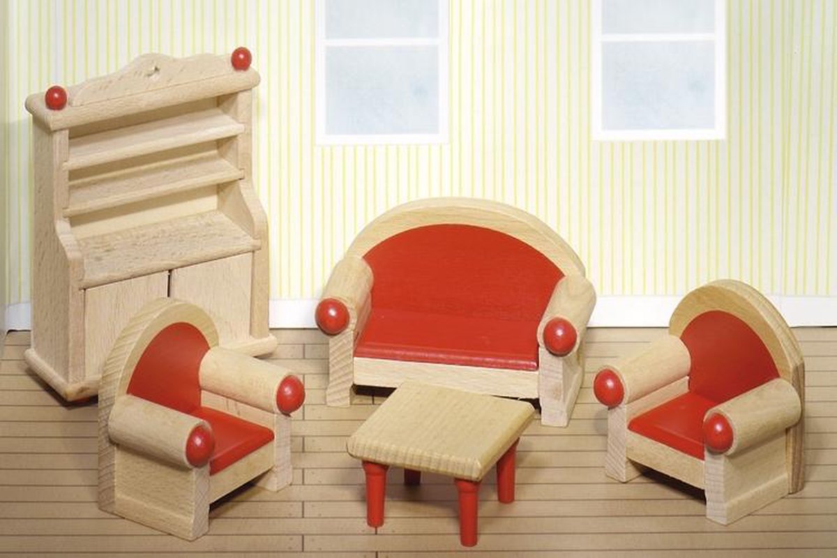 Goki Houten Poppenhuis Woonkamer 5 Delig