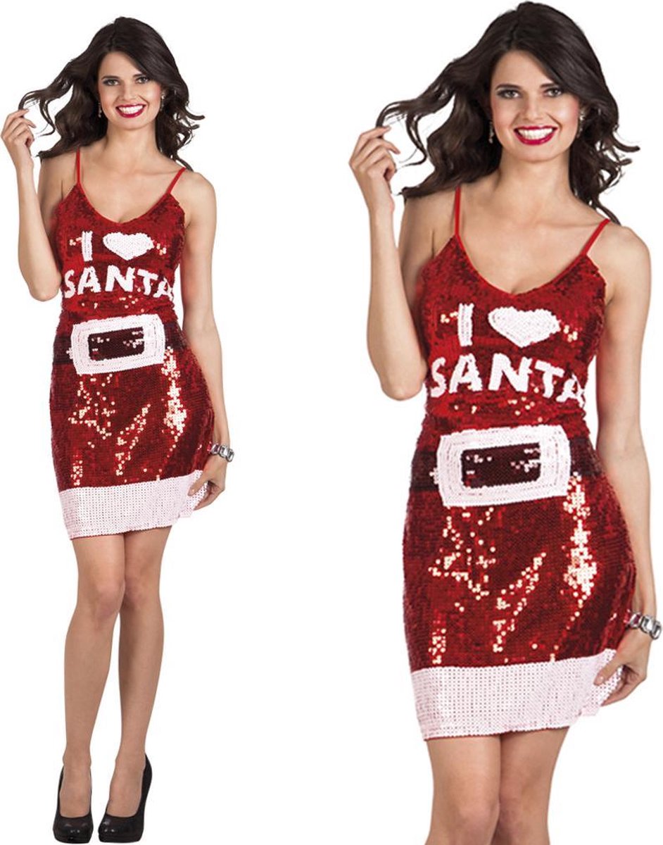 Feestbazaar Boland kerstjurk Dazzle I love Santa dames polyester mt M - Rood