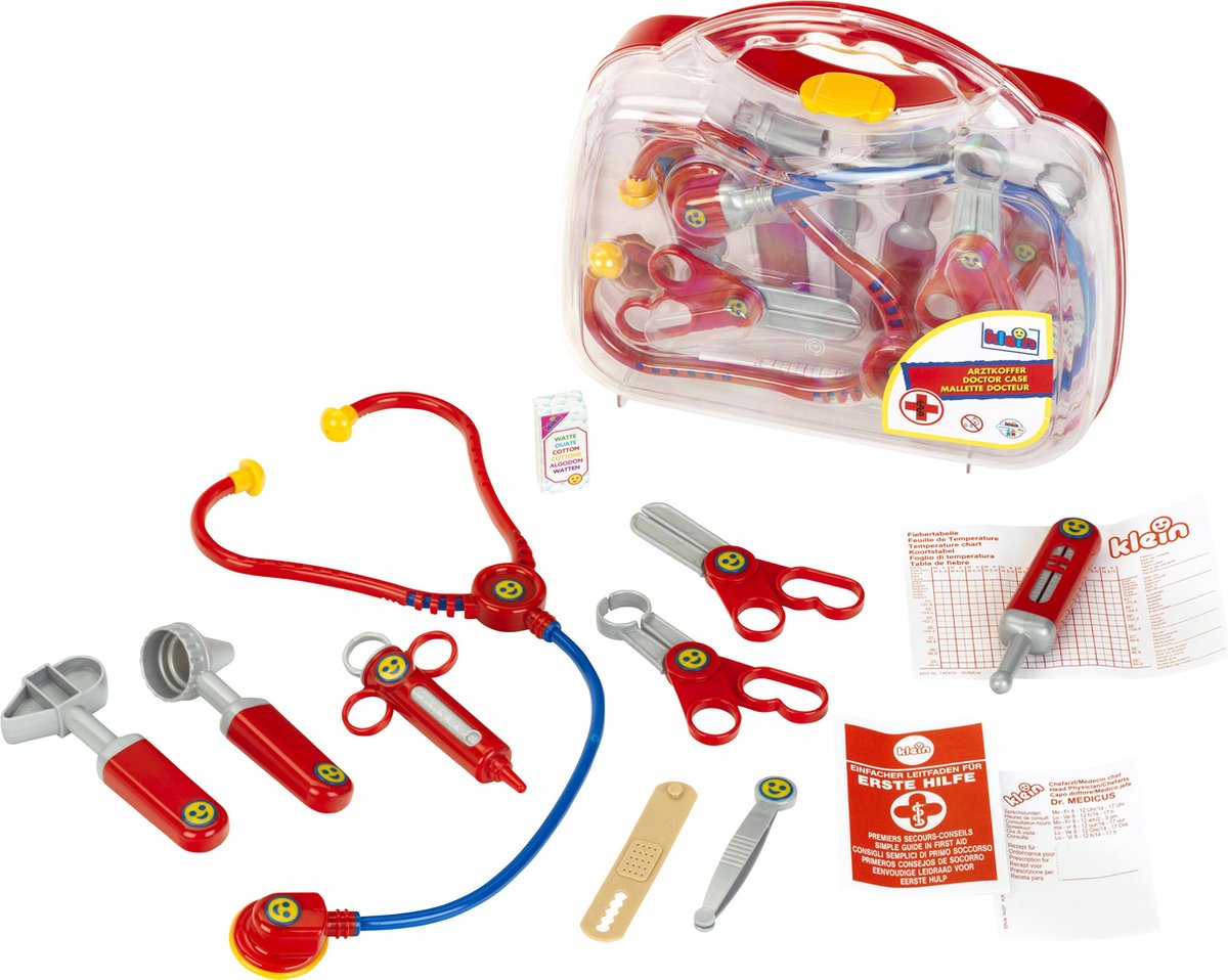 Klein transparant dokterskoffertje en inhoud 11 delig 27 cm