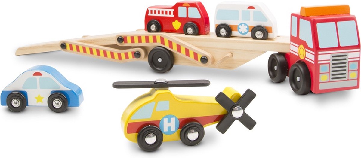 Melissa & Doug Houten autotransporter met noodvoertuigen