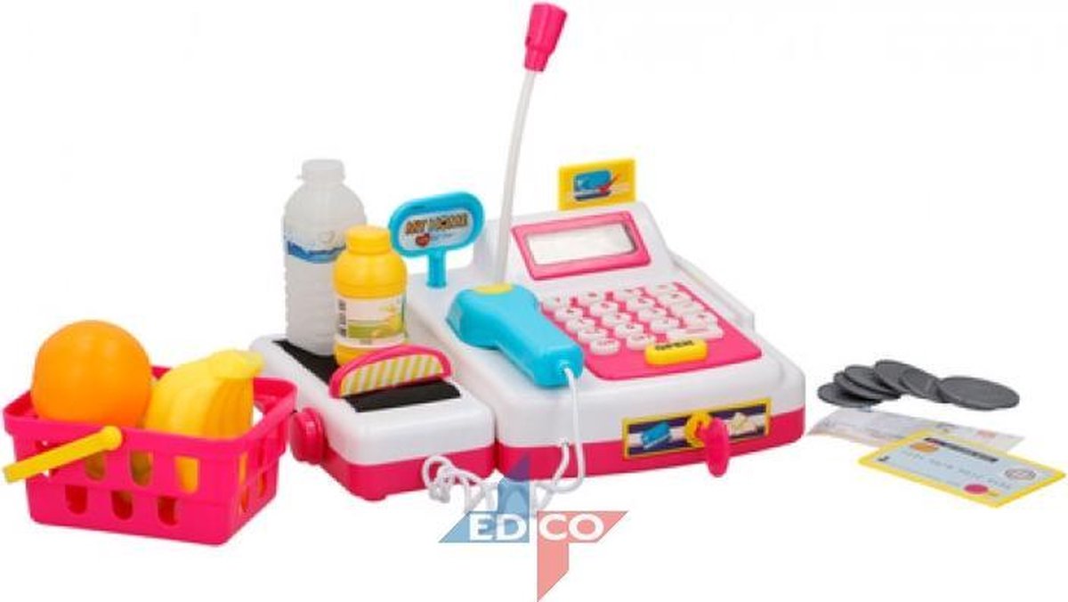 Eddy Toys speelgoedkassa met boodschappen 14 delig