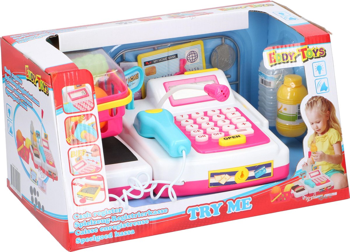 Eddy Toys speelgoedkassa met boodschappen 14 delig