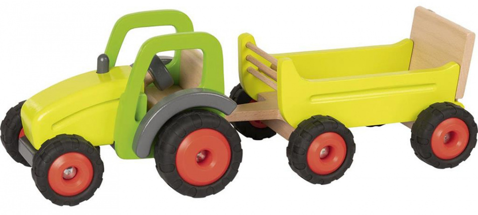 Goki tractor met aanhangwagen 45 x 16 cm hout 2 delig - Geel