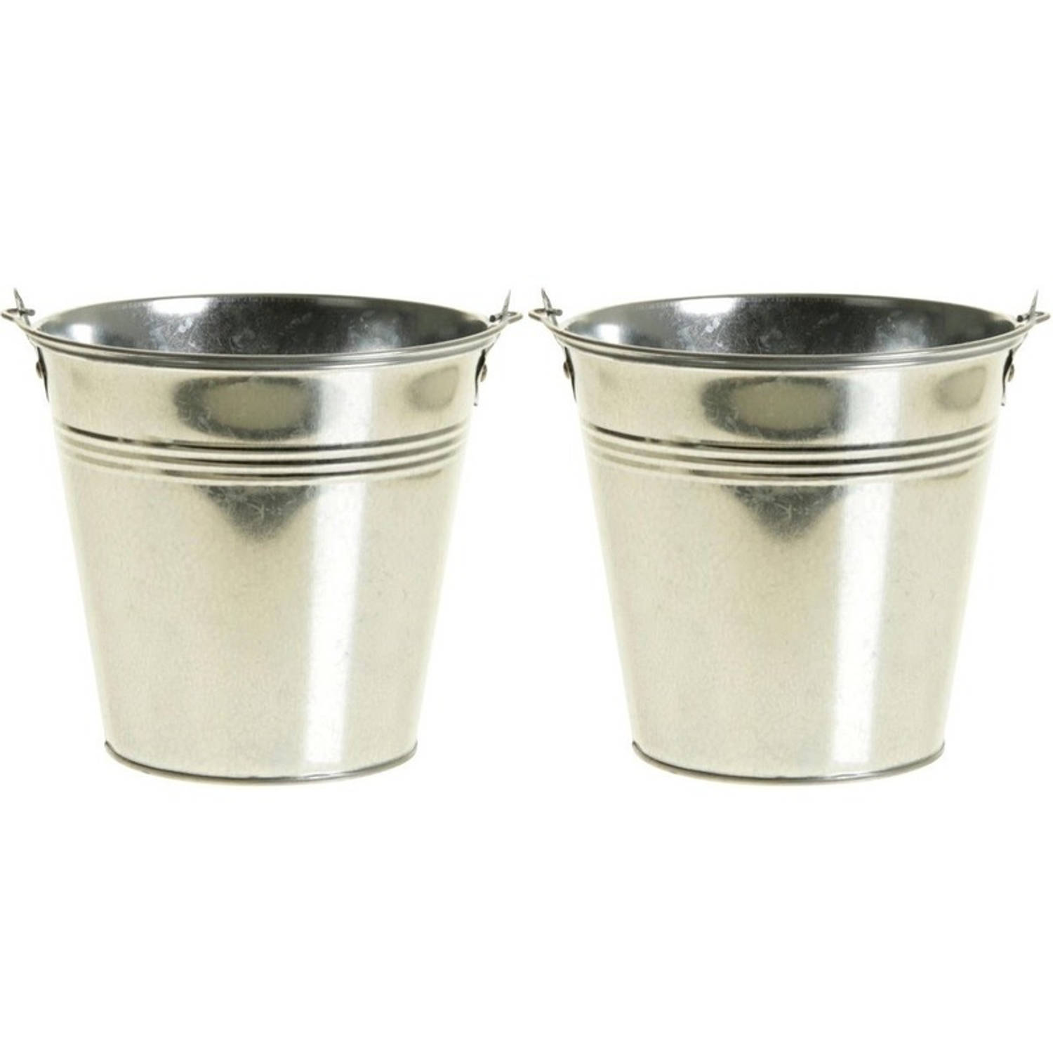 2x Zinken Emmertjes/bloempotjes Zilver 14cm - Zinken Emmertjes - Bloememmertje - Decoratie Emmer - Silver