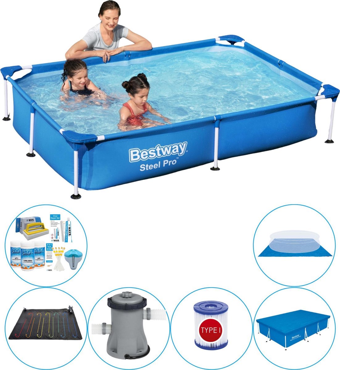 Bestway Steel Pro Rechthoekig 221x150x43 Cm - Zwembad Combi Deal - Blauw