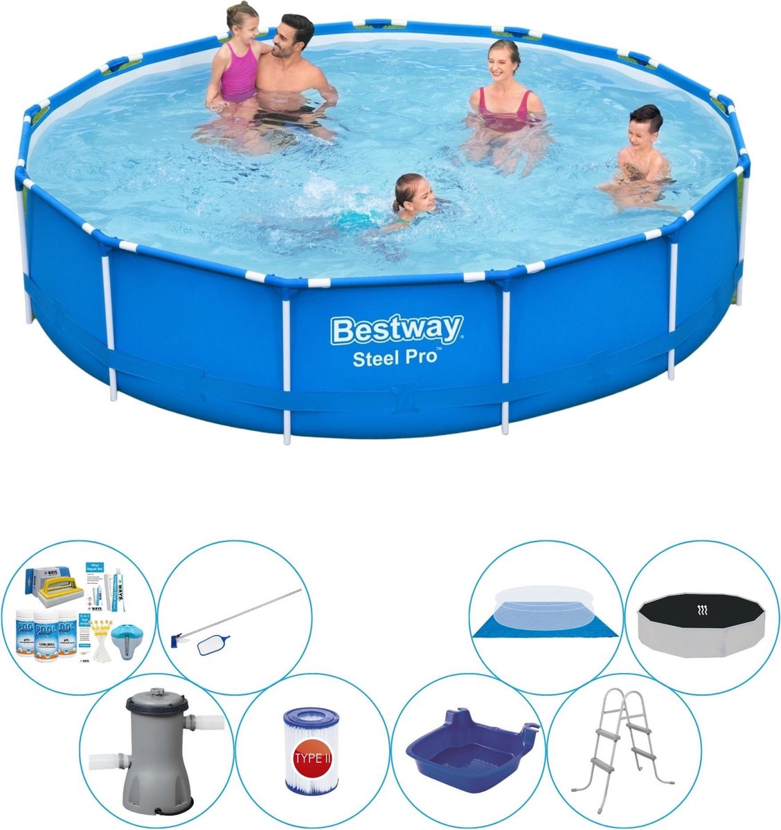 Bestway Zwembad Inclusief Accessoires - Steel Pro Rond 396x84 Cm - Blauw