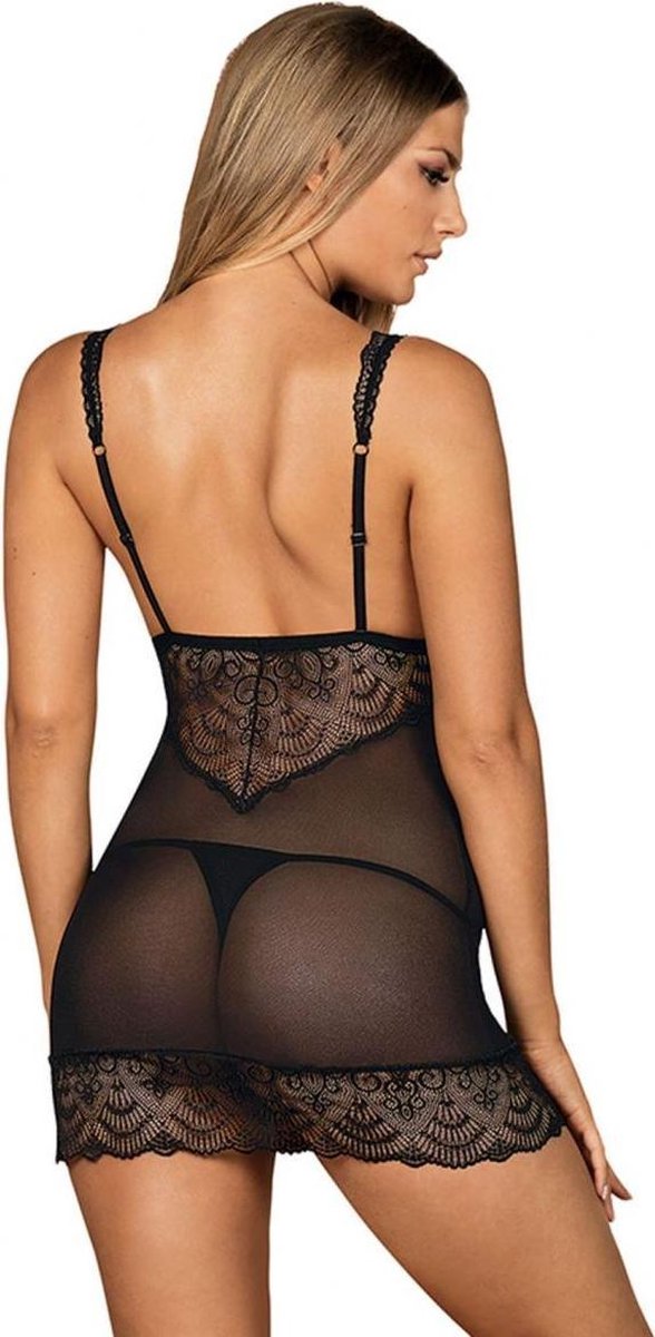 Obsessive Firella Negligé Met Bijpassende String - - Zwart