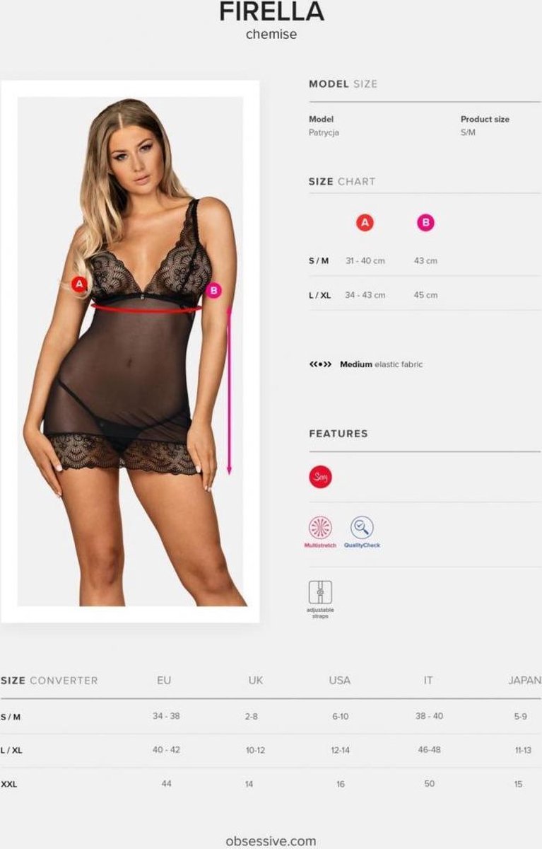 Obsessive Firella Negligé Met Bijpassende String - - Zwart