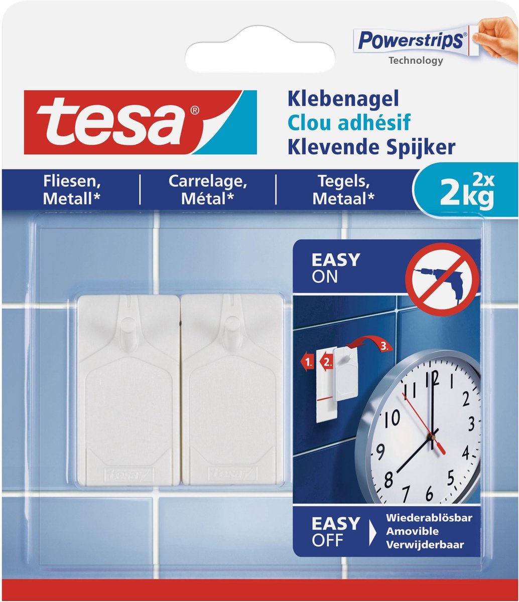 Tesa Klevende Spijker Voor Tegels En Metaal, Draagvermogen 2 Kilogram, Blister Van 2 Stuks - Wit