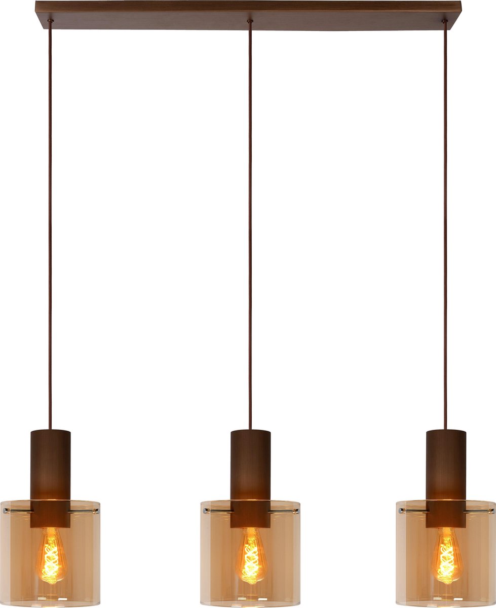 Lucide Toledo Hanglamp 3xe27/60w Koper / Amber Glas - Oranje