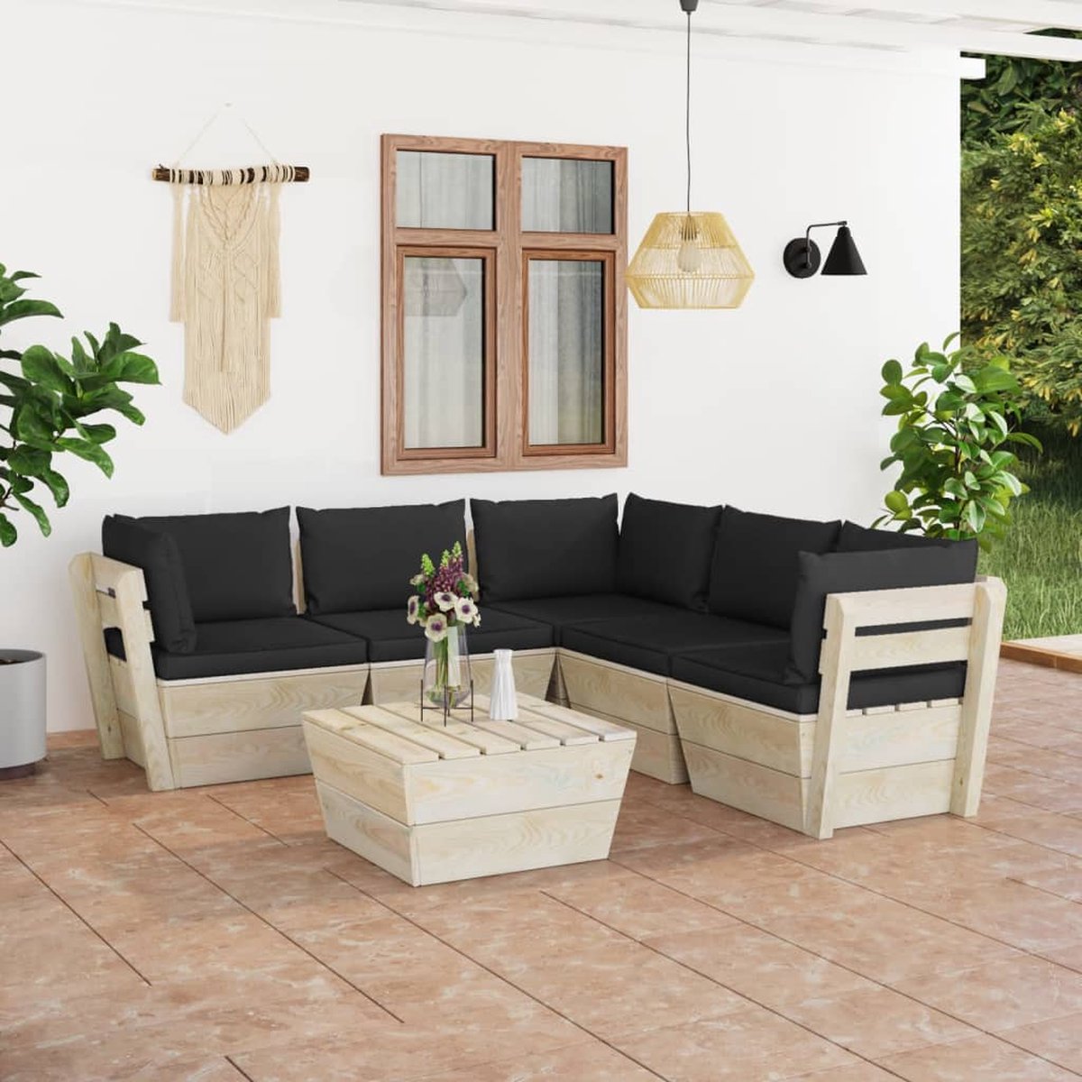 Vidaxl 6-delige Loungeset Met Kussens Pallet Vurenhout - Negro