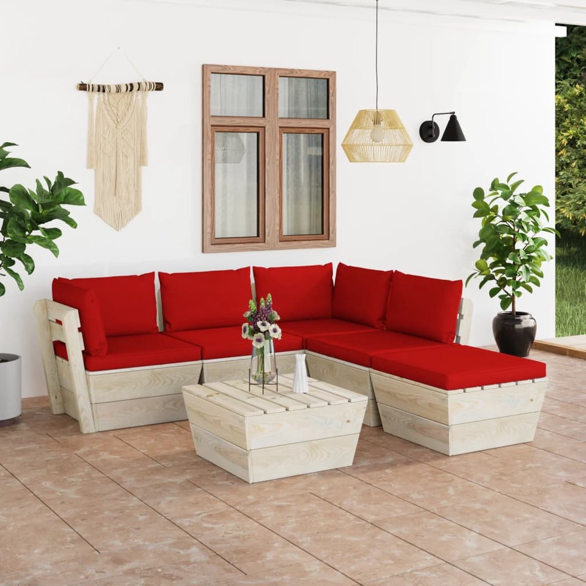 Vidaxl 6-delige Loungeset Met Kussens Pallet Vurenhout - Rood