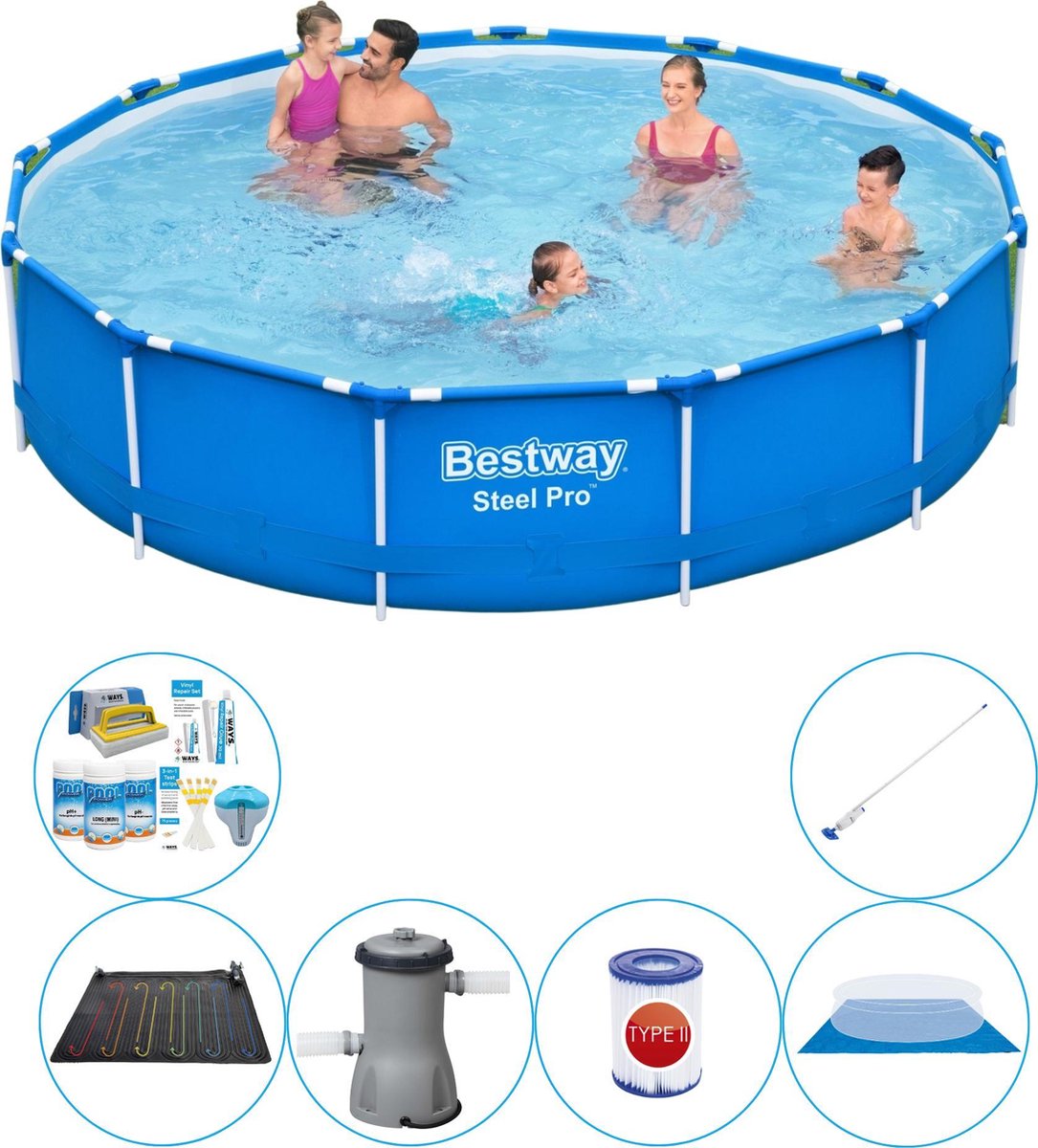 Bestway Zwembad Set - 7-delig - Steel Pro Rond 396x84 Cm - Blauw