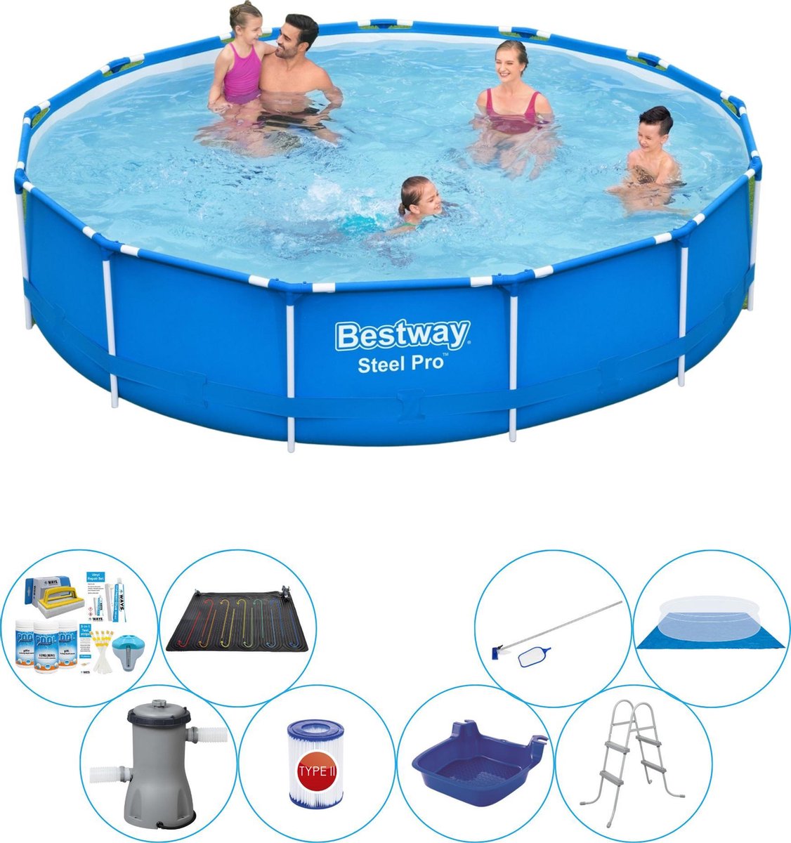 Bestway Slimme Zwembad Deal - 9-delig - Steel Pro Rond 396x84 Cm - Blauw