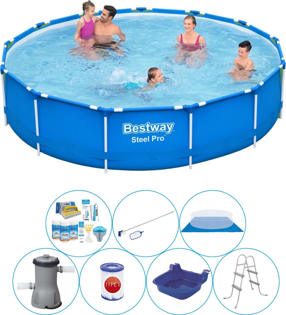 Bestway Zwembad Inclusief Accessoires - 8-delig - Steel Pro Rond 396x84 Cm - Blauw