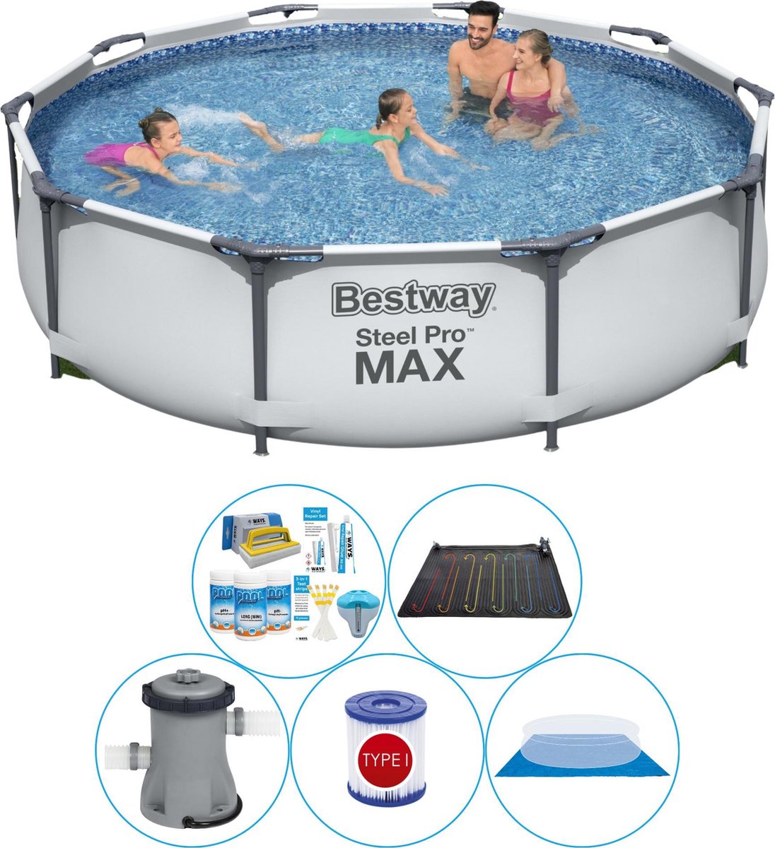 Bestway Steel Pro Max Rond 305x76 Cm - 6-delig - Zwembad Combi Deal - Grijs