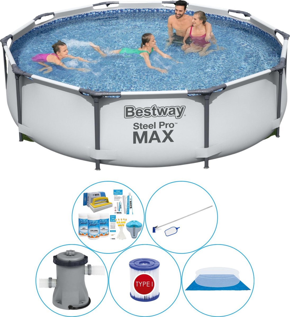 Bestway Steel Pro Max Rond 305x76 Cm - 6-delig - Zwembad Pakket - Grijs