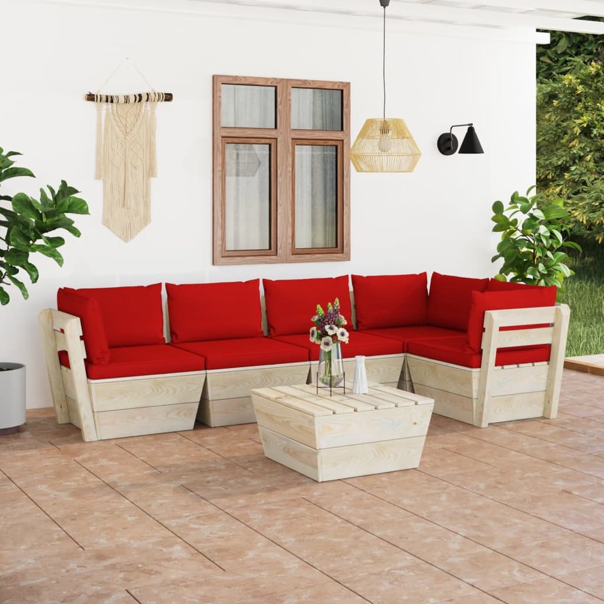 Vidaxl 6-delige Loungeset Met Kussens Pallet Vurenhout - Rood