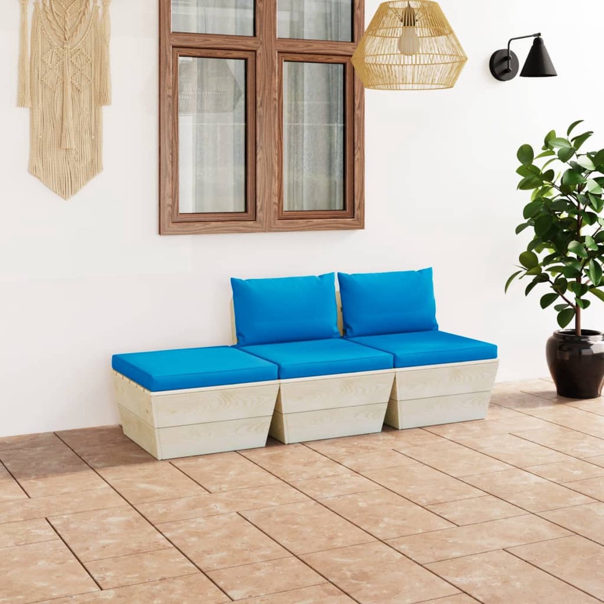 Vidaxl 3-delige Loungeset Met Kussens Pallet Vurenhout - Blauw