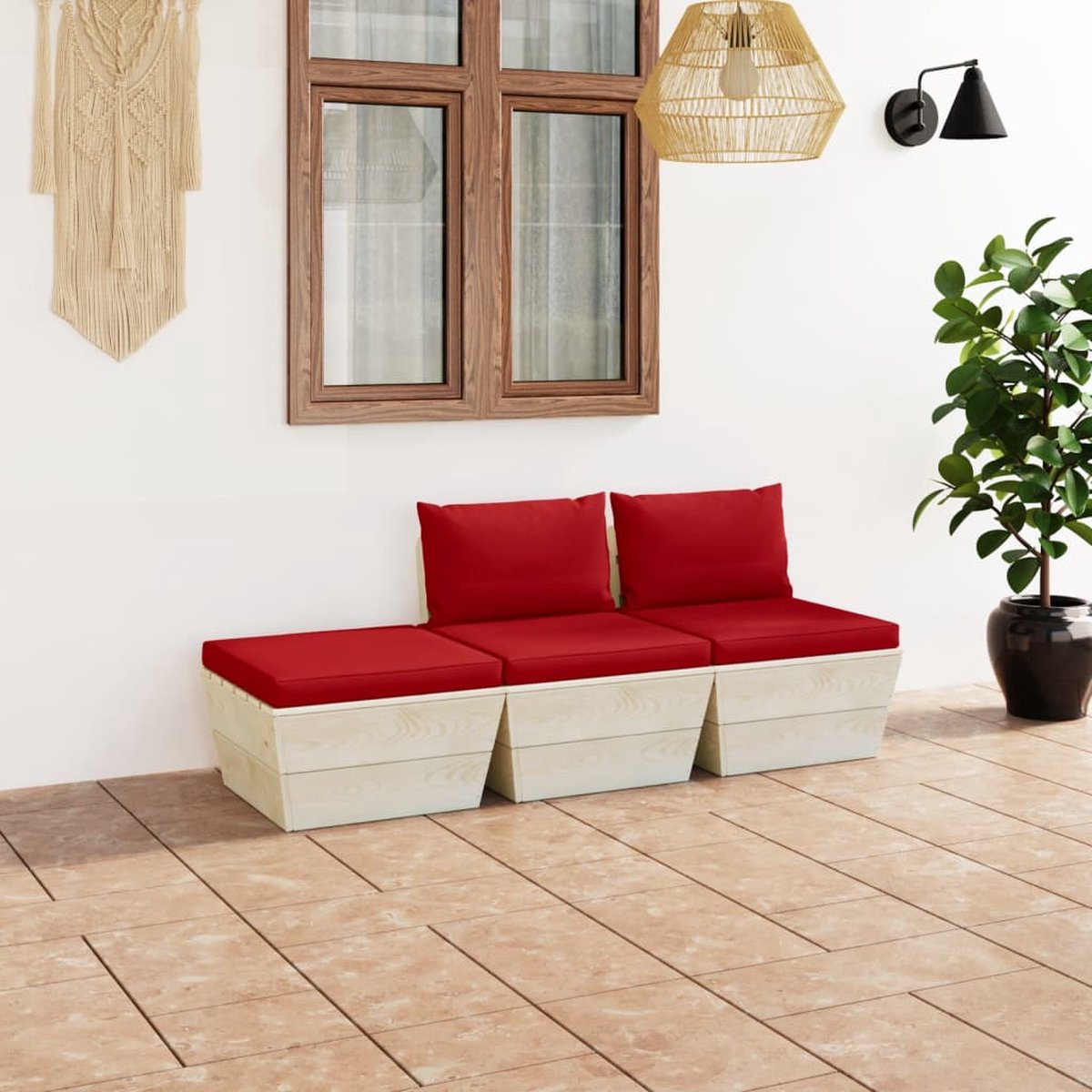 Vidaxl 3-delige Loungeset Met Kussens Pallet Vurenhout - Rood