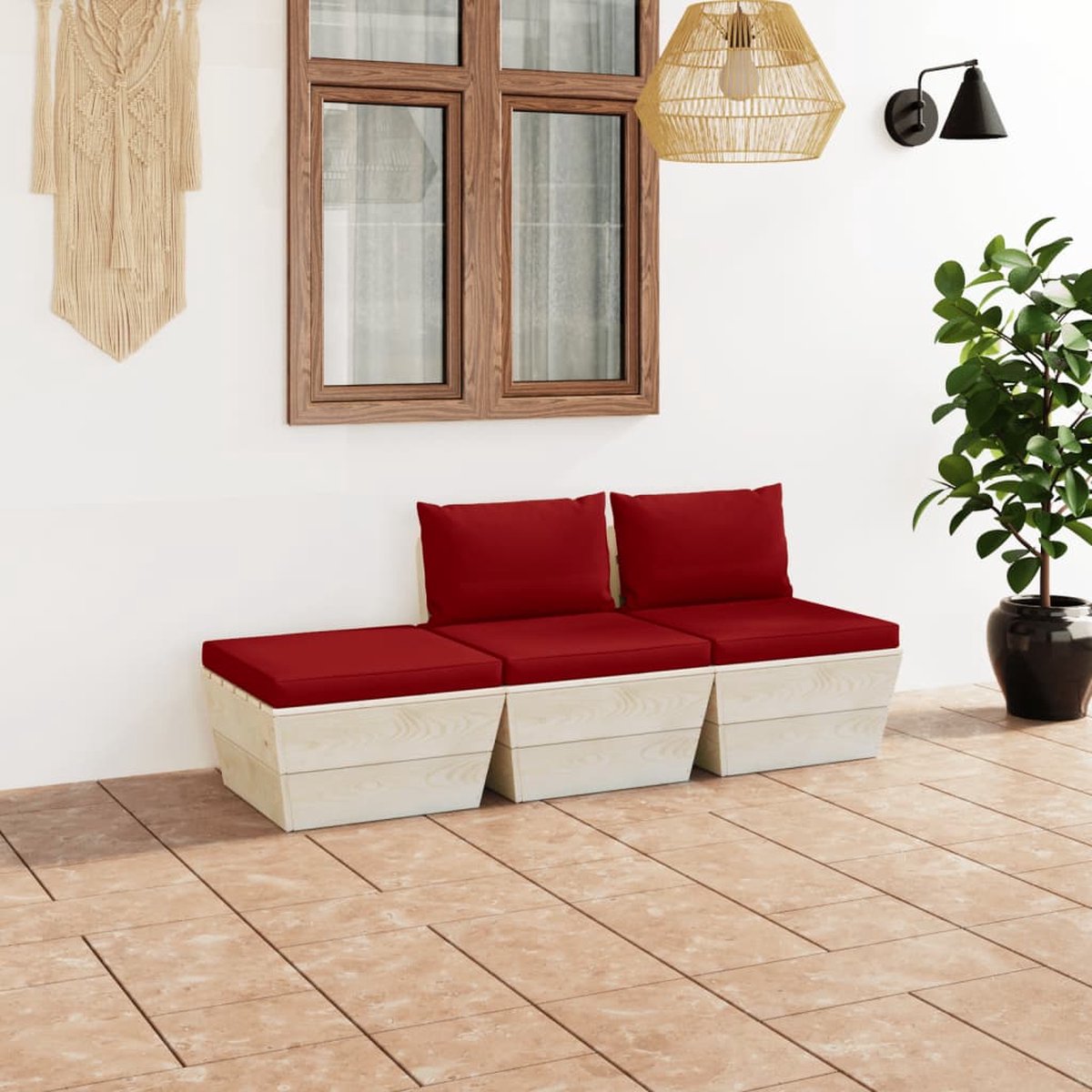 Vidaxl 3-delige Loungeset Met Kussens Pallet Vurenhout - Rood