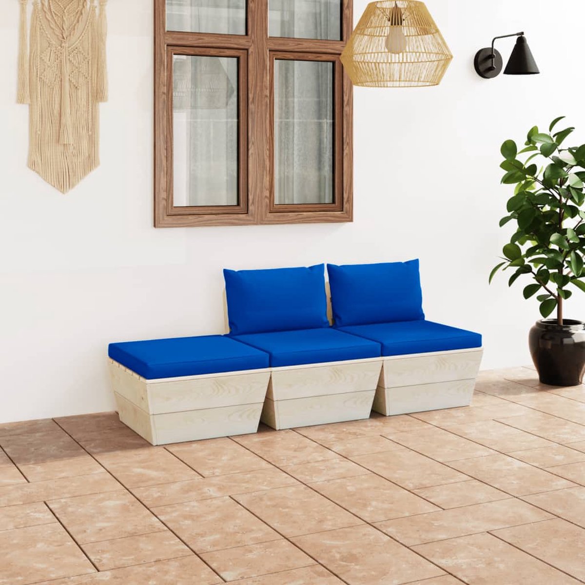 Vidaxl 3-delige Loungeset Met Kussens Pallet Vurenhout - Blauw