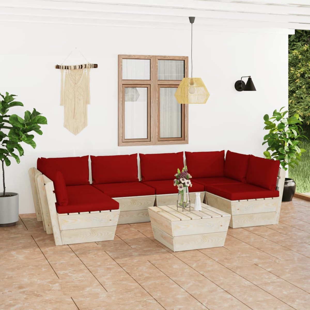 Vidaxl 7-delige Loungeset Met Kussens Pallet Vurenhout - Rood