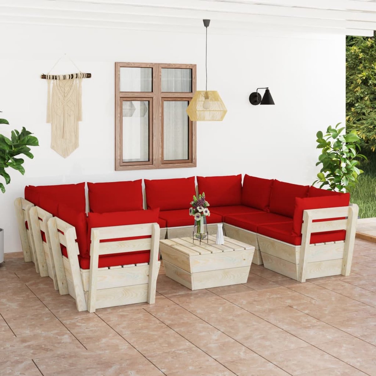 Vidaxl 9-delige Loungeset Met Kussens Pallet Vurenhout - Rood