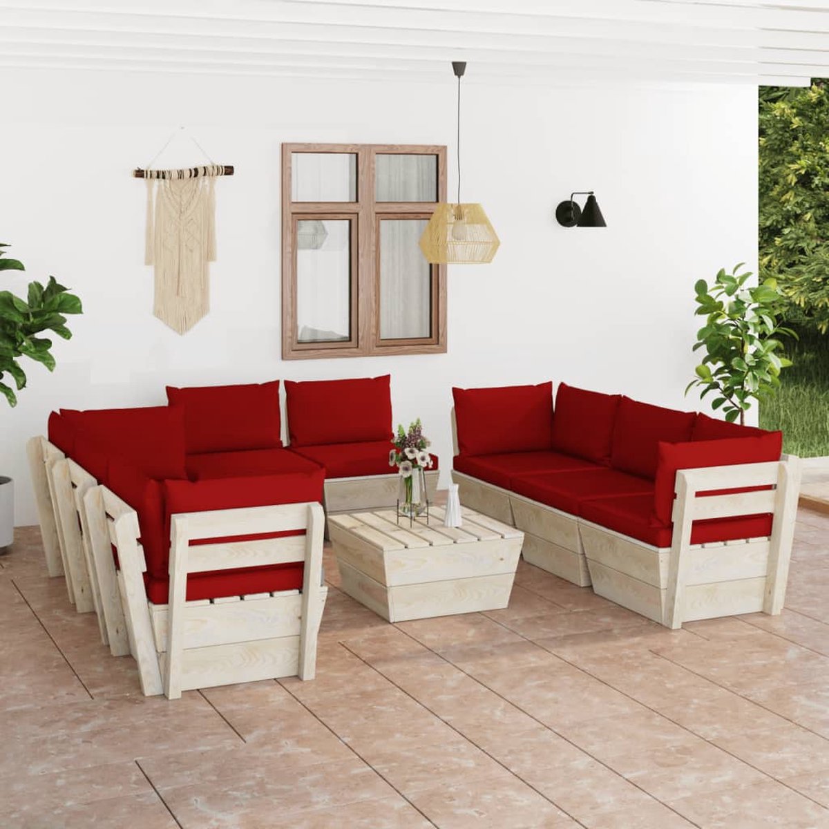 Vidaxl 9-delige Loungeset Met Kussens Pallet Vurenhout - Rood