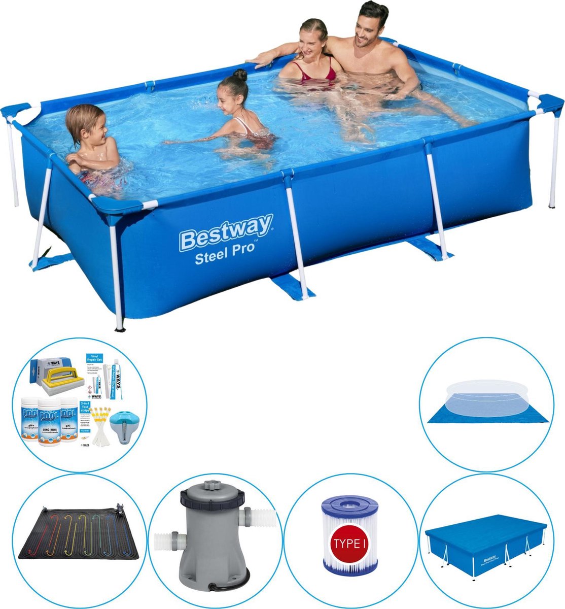 Bestway Steel Pro Rechthoekig 259x170x61 Cm - Zwembad Combi Deal - Blauw