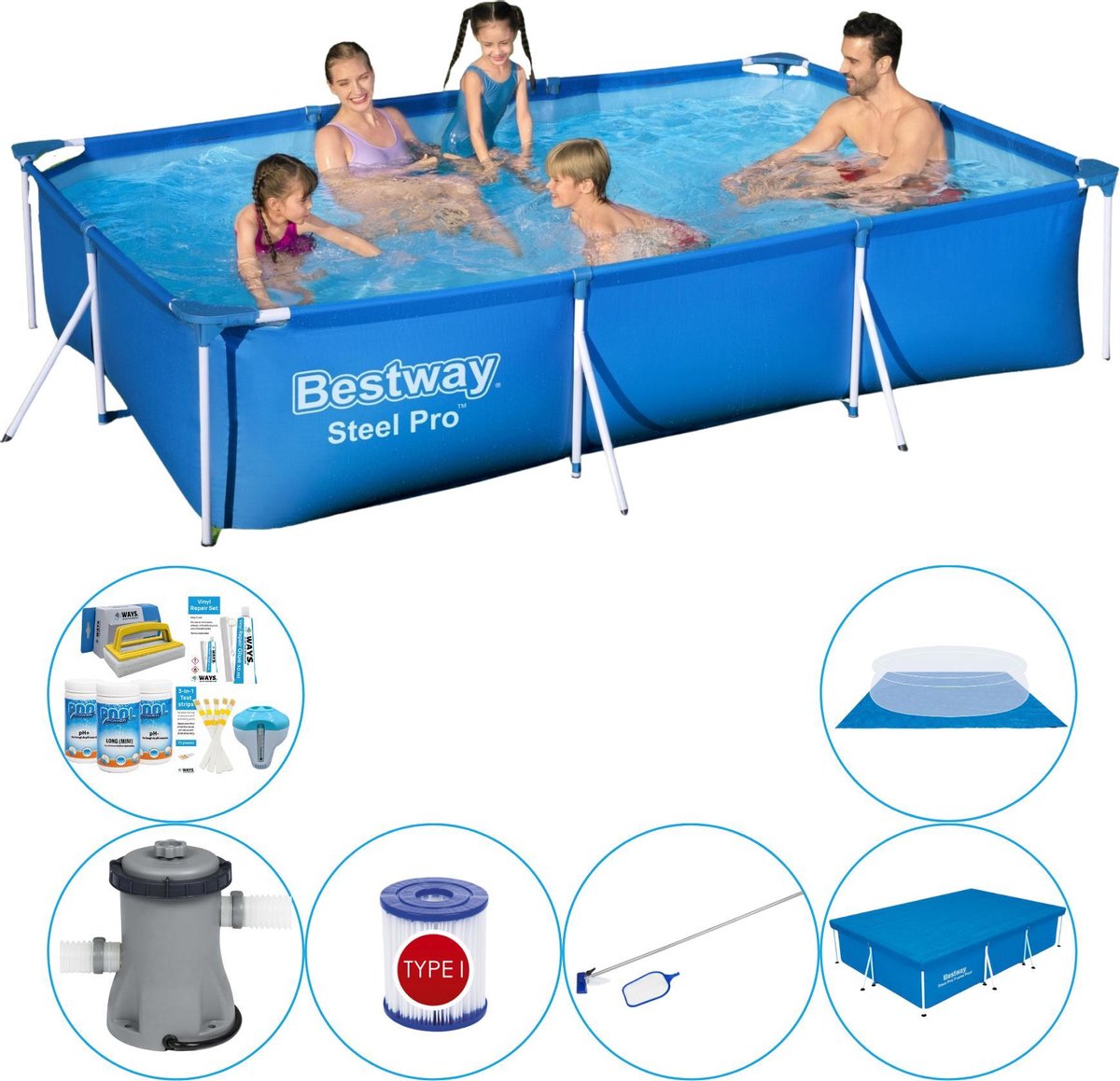 Bestway Steel Pro Rechthoekig 300x201x66 Cm - Zwembad Pakket - Blauw