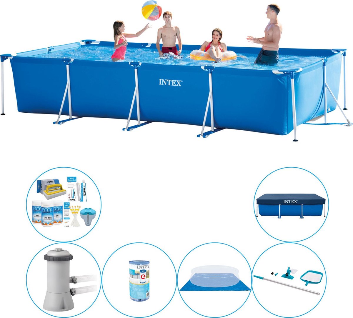 Intex Frame Pool Rechthoekig 450x220x84 Cm - Zwembad Combi Deal - Blauw