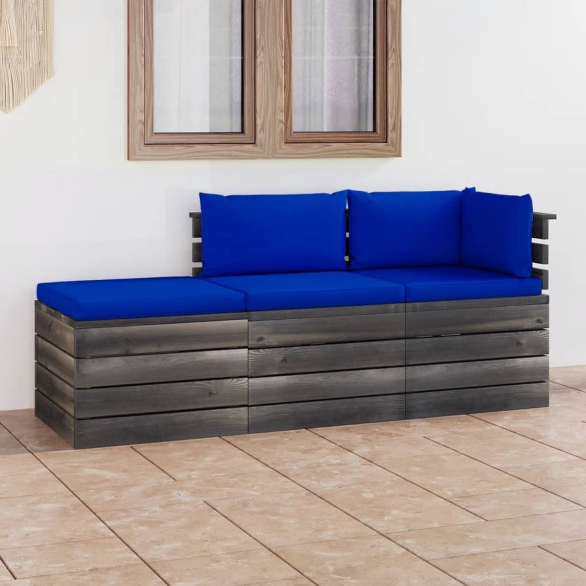 Vidaxl 3-delige Loungeset Met Kussens Pallet Massief Grenenhout - Blauw