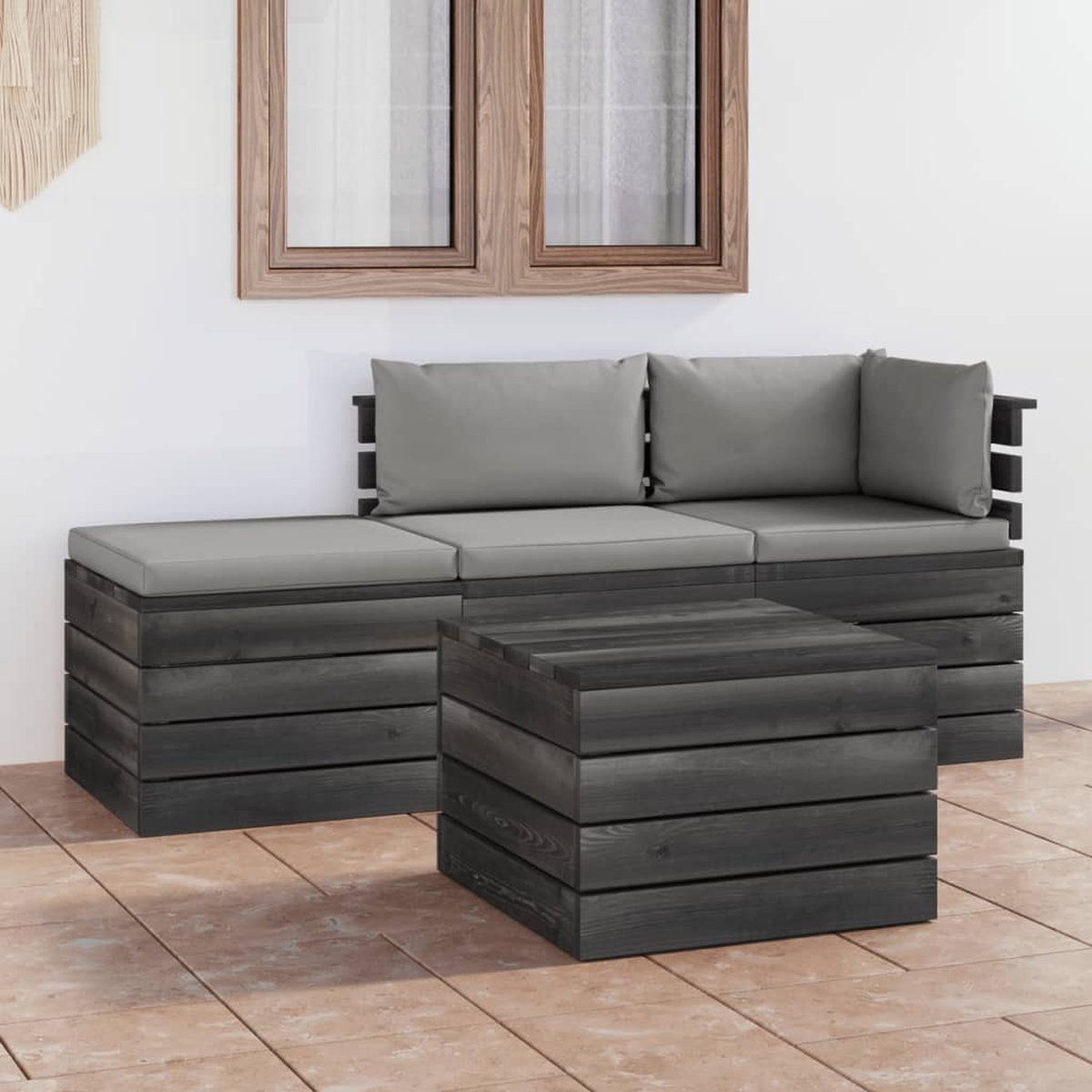 Vidaxl 4-delige Loungeset Met Kussens Pallet Massief Grenenhout - Grijs