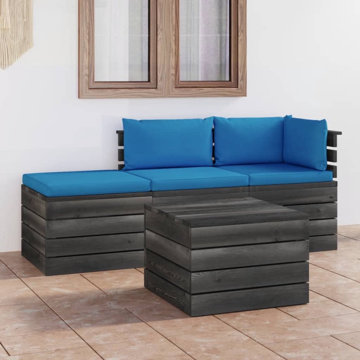 Vidaxl 4-delige Loungeset Met Kussens Pallet Massief Grenenhout - Blauw