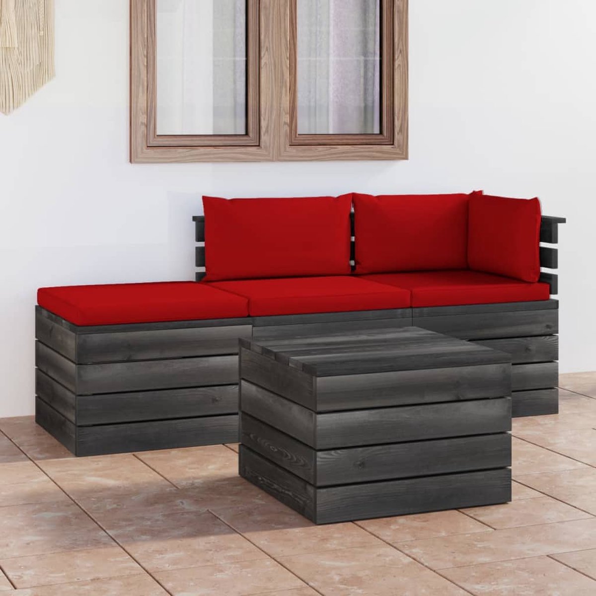 Vidaxl 4-delige Loungeset Met Kussens Pallet Massief Grenenhout - Rood