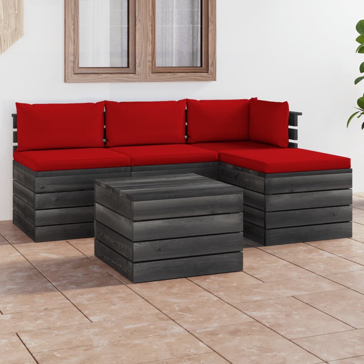 Vidaxl 5-delige Loungeset Met Kussens Pallet Massief Grenenhout - Rood