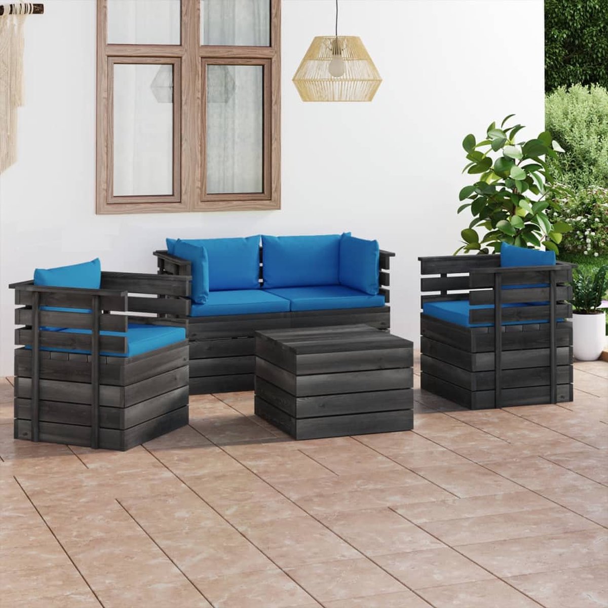 Vidaxl 5-delige Loungeset Met Kussens Pallet Massief Grenenhout - Blauw