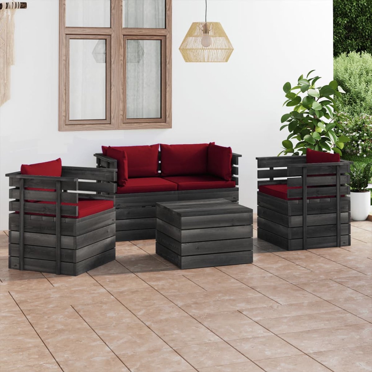 Vidaxl 5-delige Loungeset Met Kussens Pallet Massief Grenenhout - Rood