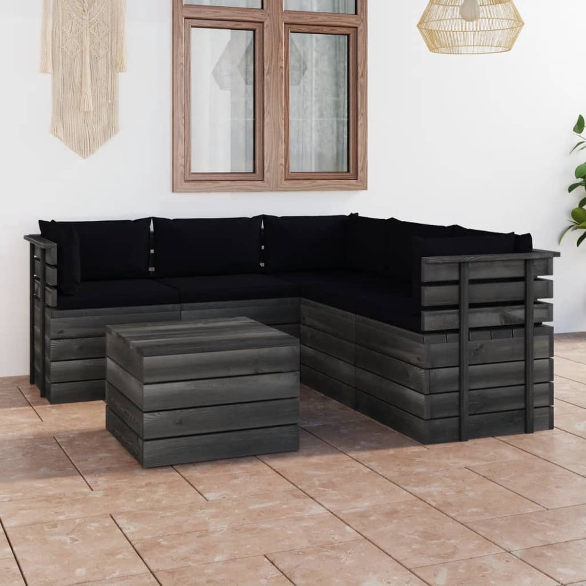 Vidaxl 6-delige Loungeset Met Kussens Pallet Massief Grenenhout - Zwart