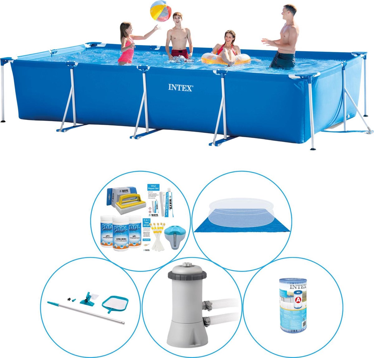 Intex Frame Pool Rechthoekig 450x220x84 Cm - 6-delig - Zwembad Combi Deal - Blauw