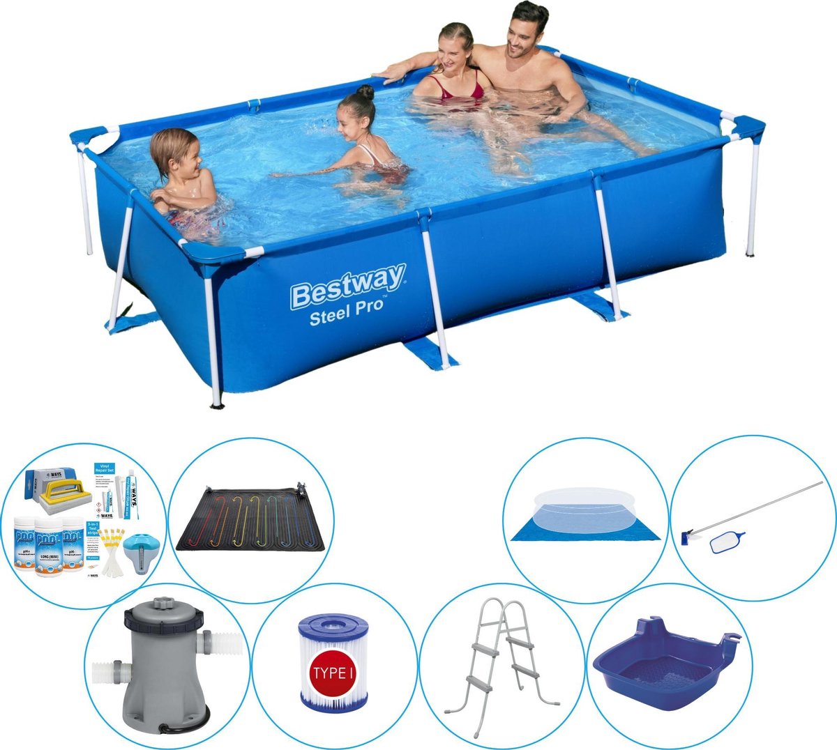 Bestway Steel Pro Rechthoekig 259x170x61 Cm - 9-delig - Slimme Zwembad Deal - Blauw