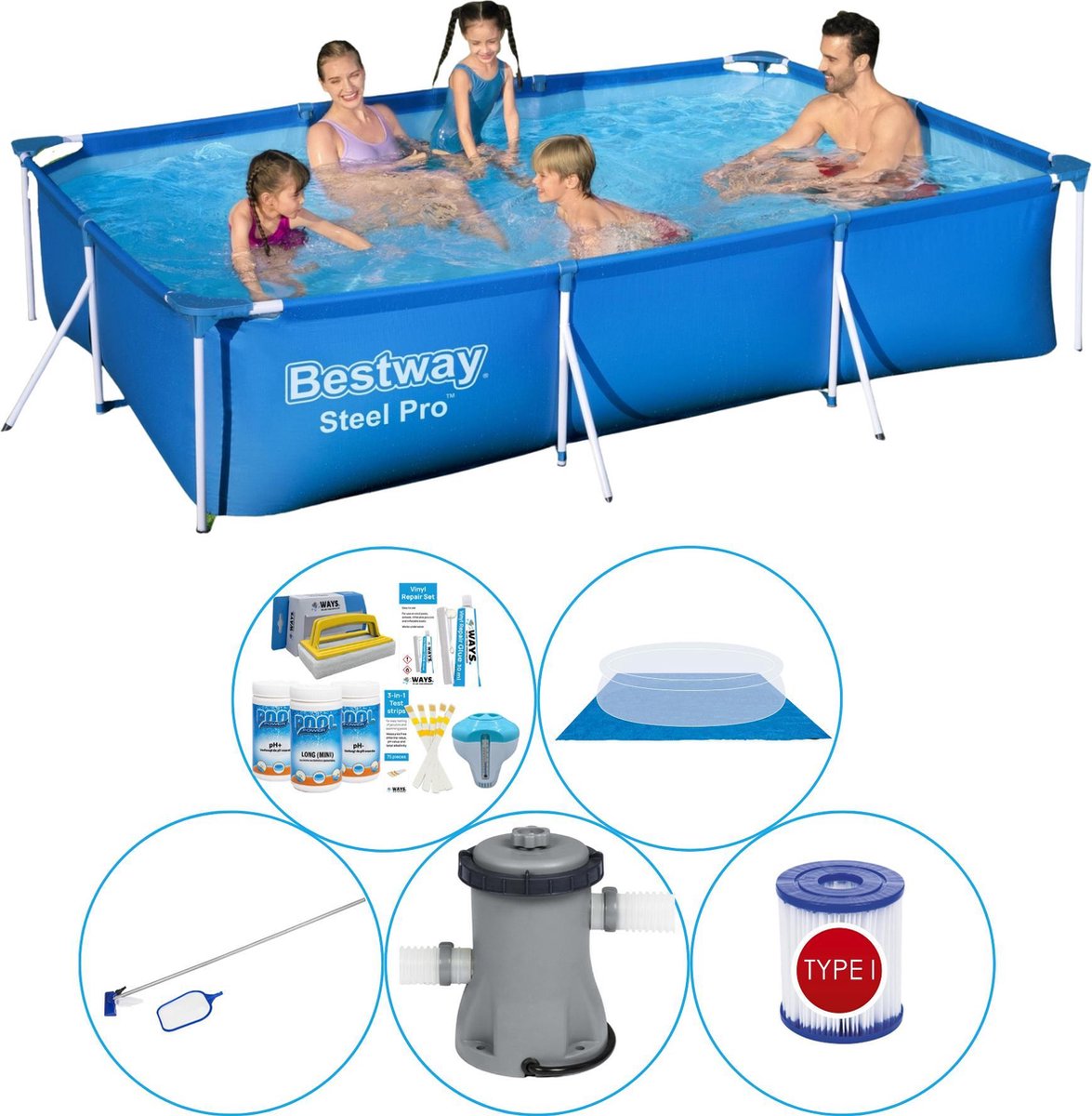 Bestway Steel Pro Rechthoekig 300x201x66 Cm - 6-delig - Zwembad Pakket - Blauw