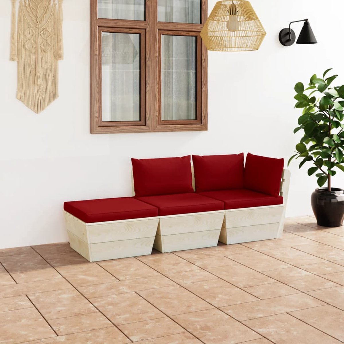 Vidaxl 3-delige Loungeset Met Kussens Pallet Vurenhout - Rood